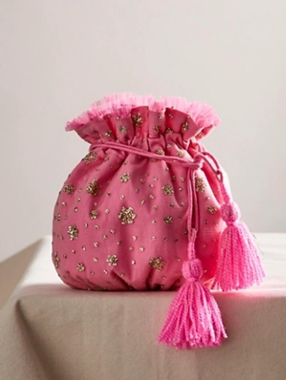 Free People Hot Pink Beaded Tassel Drawstring Gift Bag